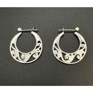 Sterling Silver 925 Floral Scroll Pierced Lightweight Flat Hoop Dainty Earrings